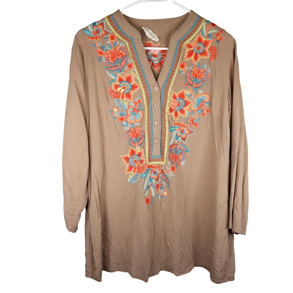 Luna Moon Brown Embroidered Floral Tunic Blouse 3/4 Roll Tab Sleeve Med Y2K Boho